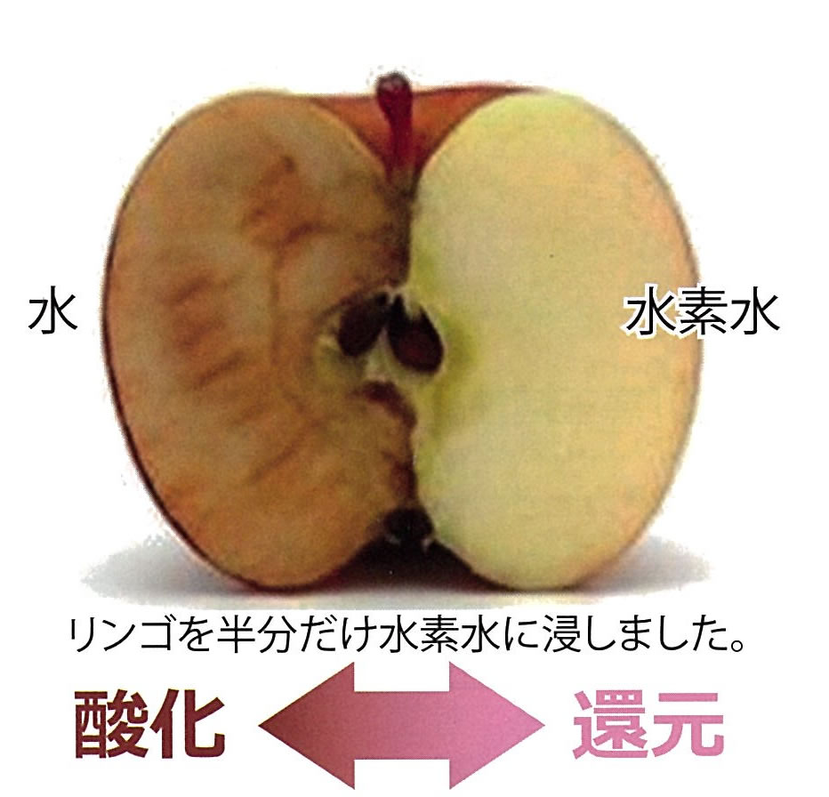 リンゴが酸化して茶色く変色するが、水素水に浸すと変色が押さえられる様子の写真